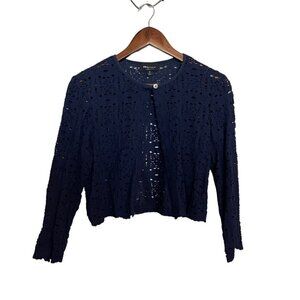 Ronni Nicole Womens Blue Open Knit Y2K Single Button Cropped Cardigan Small